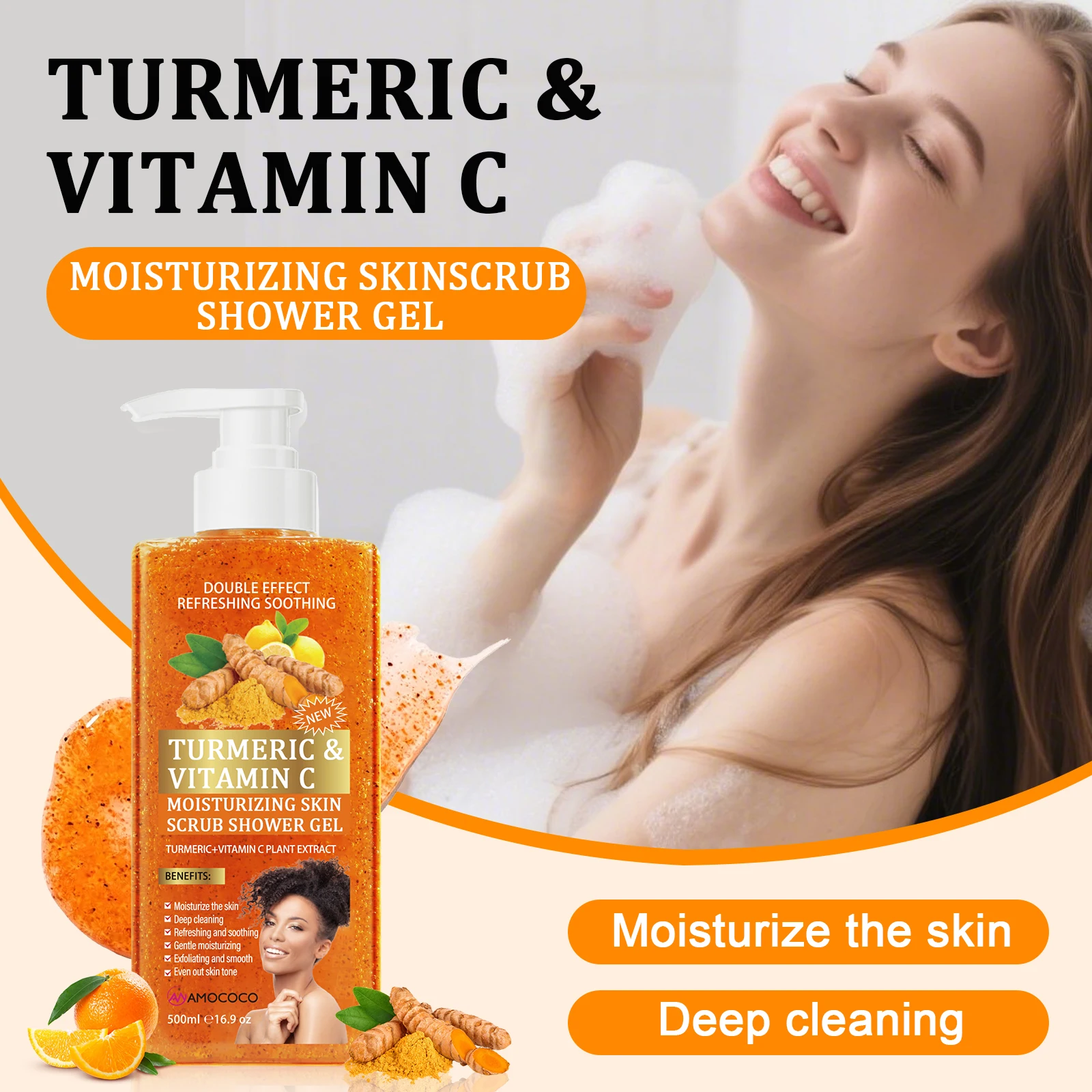 Amococo 2 Pcs Turmeric Vitamin C Body Scrub Shower Gel 500ml - Image 6