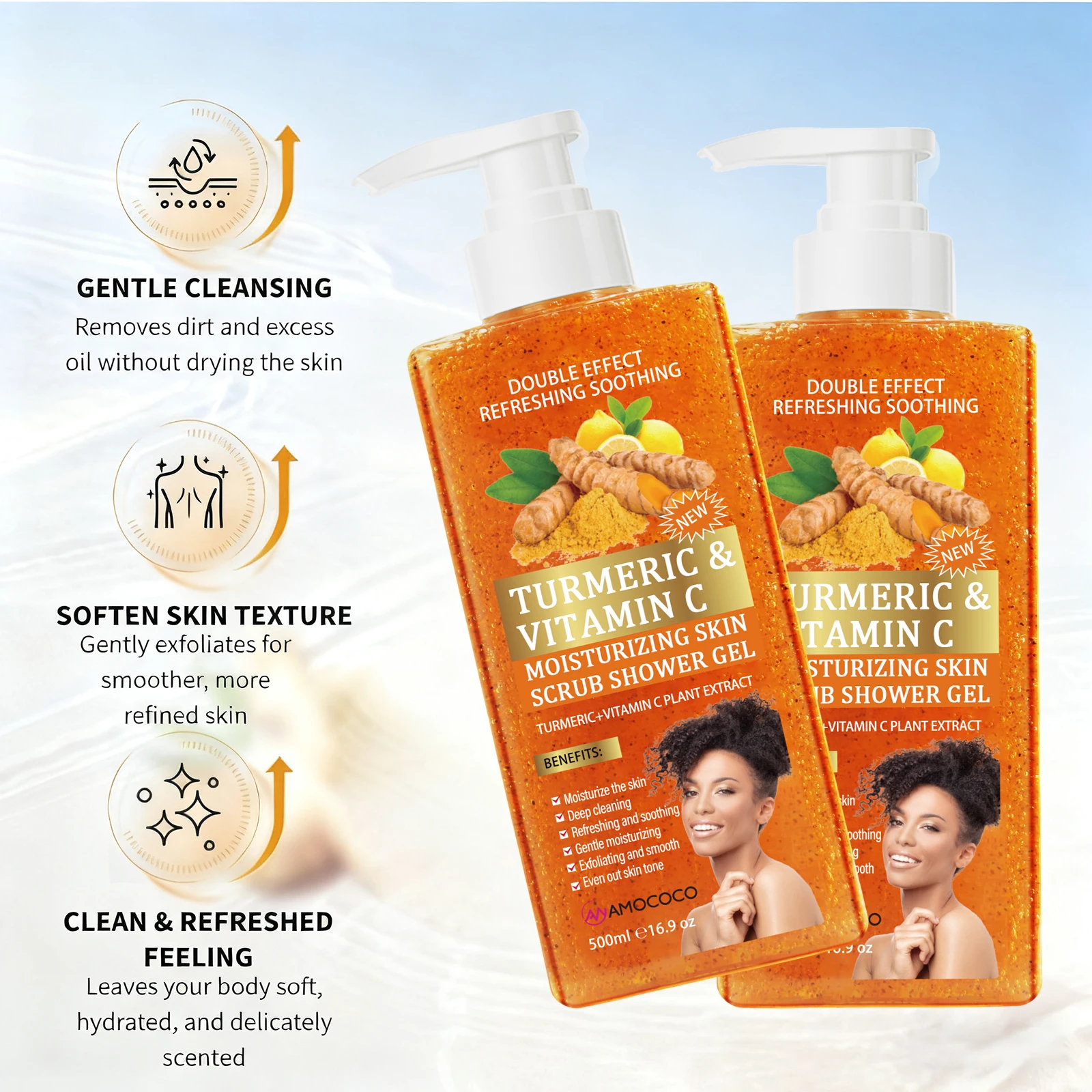 Amococo 2 Pcs Turmeric Vitamin C Body Scrub Shower Gel 500ml - Image 4